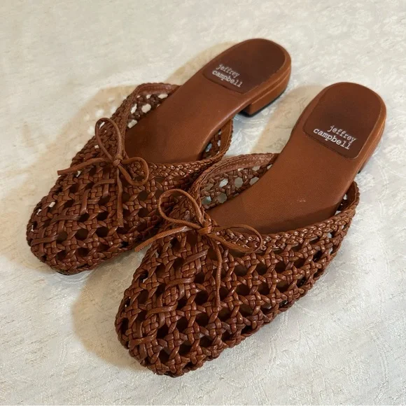 Jeffrey Campbell Weave Me Brown Leather Woven Slides – Size 9 - Picture 4 of 5
